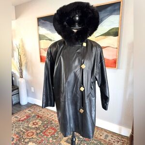 Vintage LNR Black Leather Coat with Fur Trim